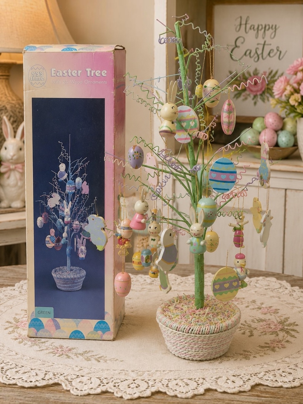 Vtg Kmart Egg Time Easter Tree 24 Wood Ornaments Bunny Chick Eggs w/ Box 18”